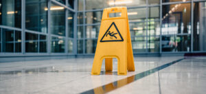 slip-and-fall sign in hallway